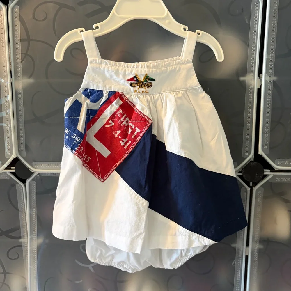 Ralph Lauren Baby Girl Nautical Dress and Bloomers Set White Navy Red 9M